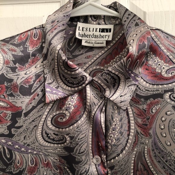 Leslie Fay Haberdashery Vintage Paisley Silver Pink Purple Blouse size 8 - Picture 5 of 6